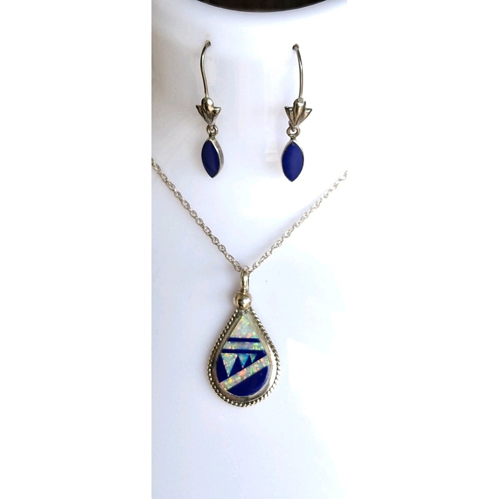 Zuni Navajo White Firey Opal & Lapis Inlay Sterling Silver Pendant & Earrings